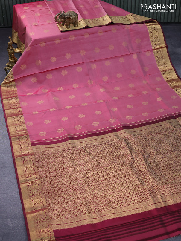 Pure kanjivaram silk saree pink shade and deep maroon with zari woven buttas and annam zari woven border
