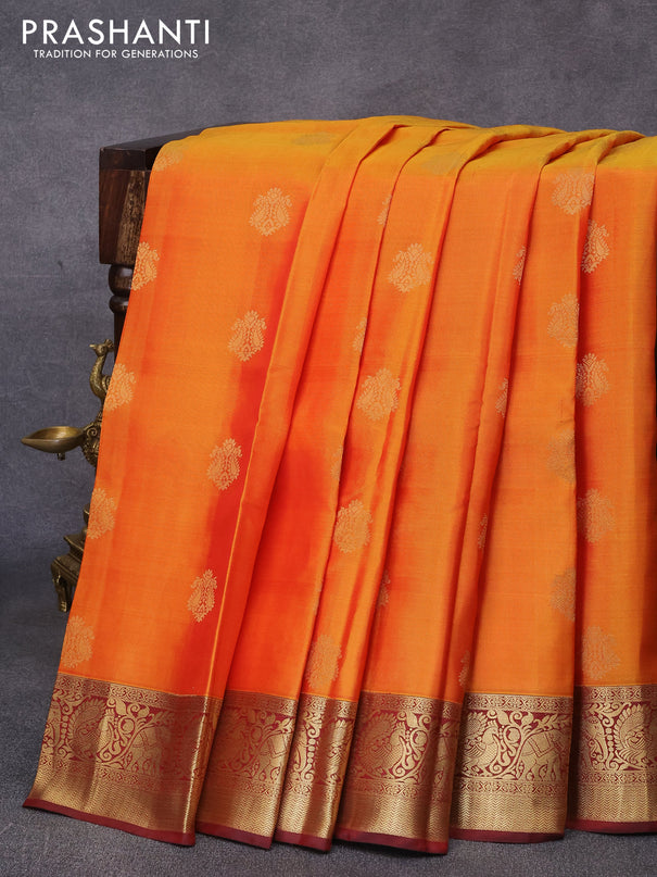 Pure kanjivaram silk saree dual shade of mustard yellow and deep maroon with zari woven buttas and annam zari woven border