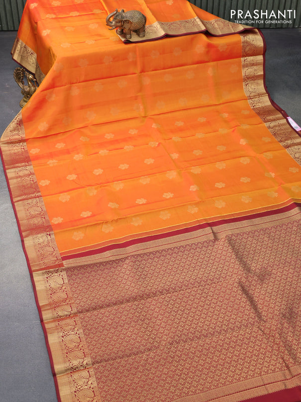Pure kanjivaram silk saree dual shade of mustard yellow and deep maroon with zari woven buttas and annam zari woven border