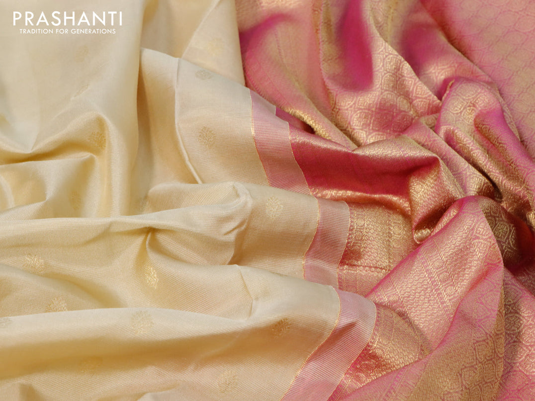 Pure kanjivaram silk saree cream and pink with zari woven buttas and zari woven border