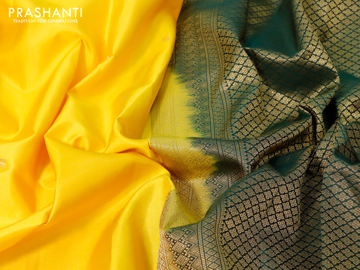 Pure kanjivaram silk saree mango yellow and green with zari woven buttas and zari woven korvai border