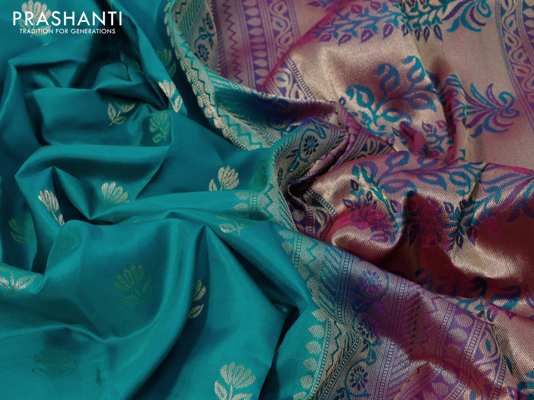 Pure kanjivaram silk saree teal blue and dual shade of pink with zari woven floral buttas and zari woven border