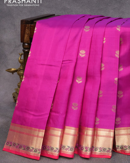 Pure kanjivaram silk saree purple and reddish pink with zari woven floral buttas and zari woven border
