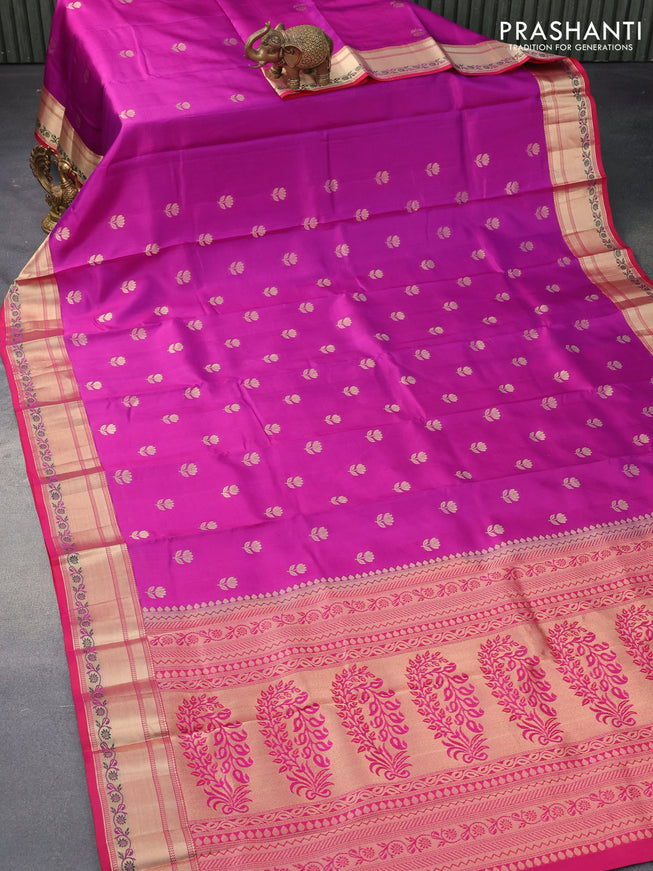 Pure kanjivaram silk saree purple and reddish pink with zari woven floral buttas and zari woven border