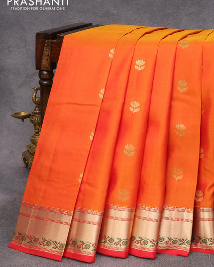 Pure kanjivaram silk saree mustard yellow and red with zari woven floral buttas and zari woven border