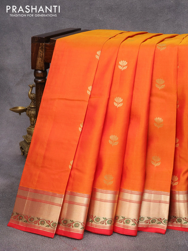 Pure kanjivaram silk saree mustard yellow and red with zari woven floral buttas and zari woven border