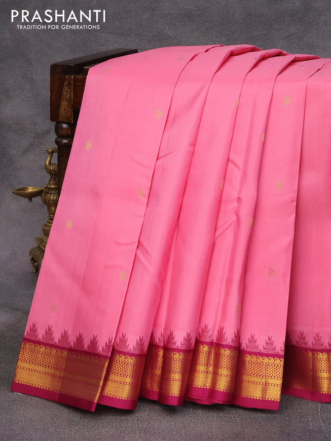 Pure kanjivaram silk saree light pink and dark magenta pink with zari woven buttas and zari woven korvai border