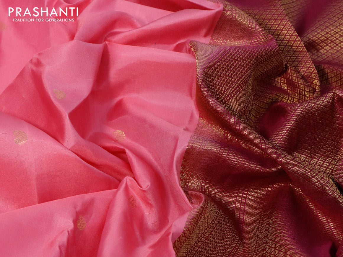 Pure kanjivaram silk saree light pink and dark magenta pink with zari woven buttas and zari woven korvai border