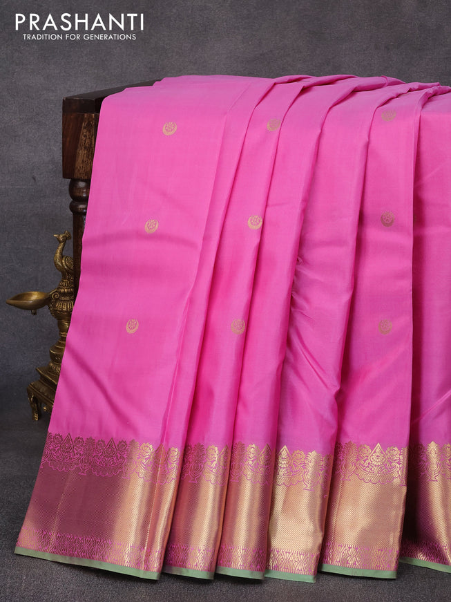 Pure kanjivaram silk saree light pink and pista green with zari woven buttas and zari woven border