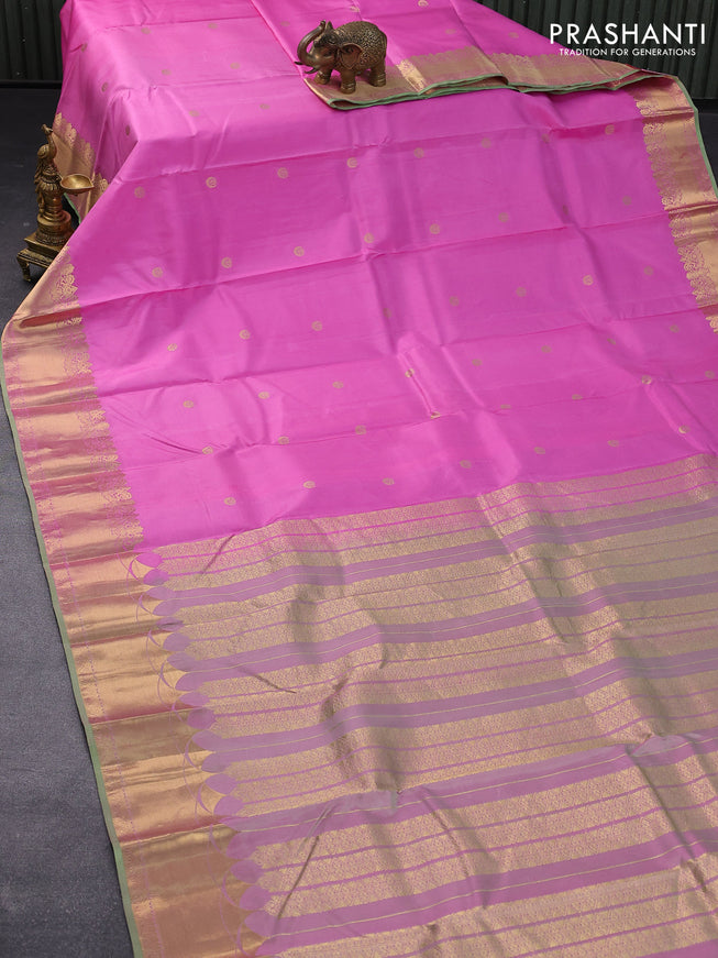 Pure kanjivaram silk saree light pink and pista green with zari woven buttas and zari woven border