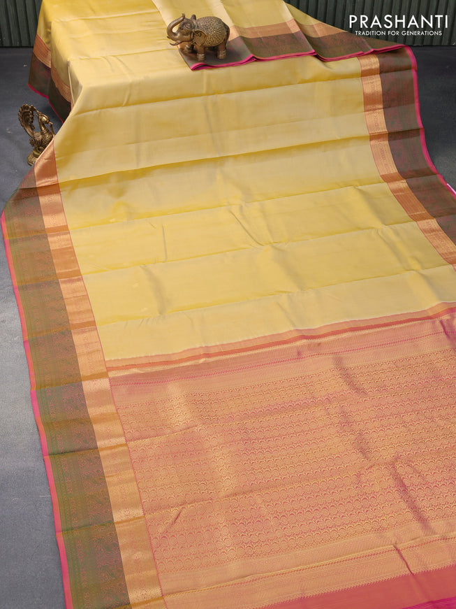 Pure kanjivaram silk saree pale yellow and dual shade of pink with zari woven buttas and zari woven simple border