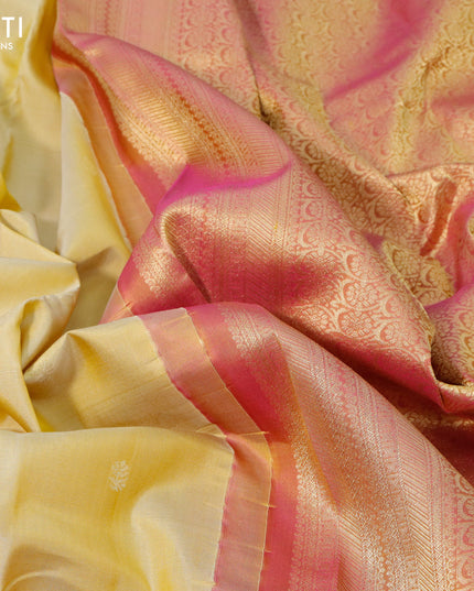 Pure kanjivaram silk saree pale yellow and dual shade of pink with zari woven buttas and zari woven simple border