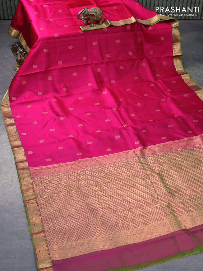 Pure kanjivaram silk saree pink and green with allover self emboss & zari buttas and zari woven border