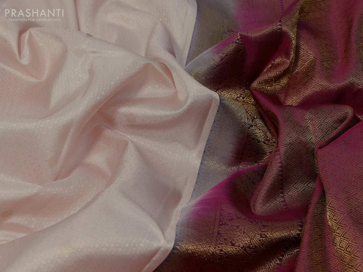 Pure kanjivaram silk saree cream and purple with allover self emboss ad zari woven korvai border