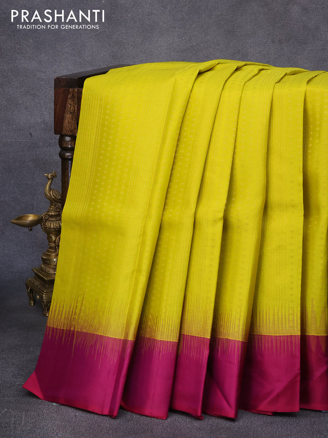 Pure kanjivaram silk saree yellow and magenta pink with allover zari weaves and simple border