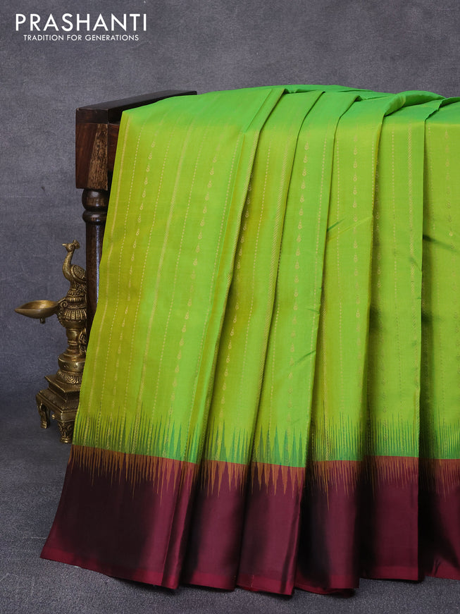 Pure kanjivaram silk saree light green and deep maroon with allover zari weaves and simple border