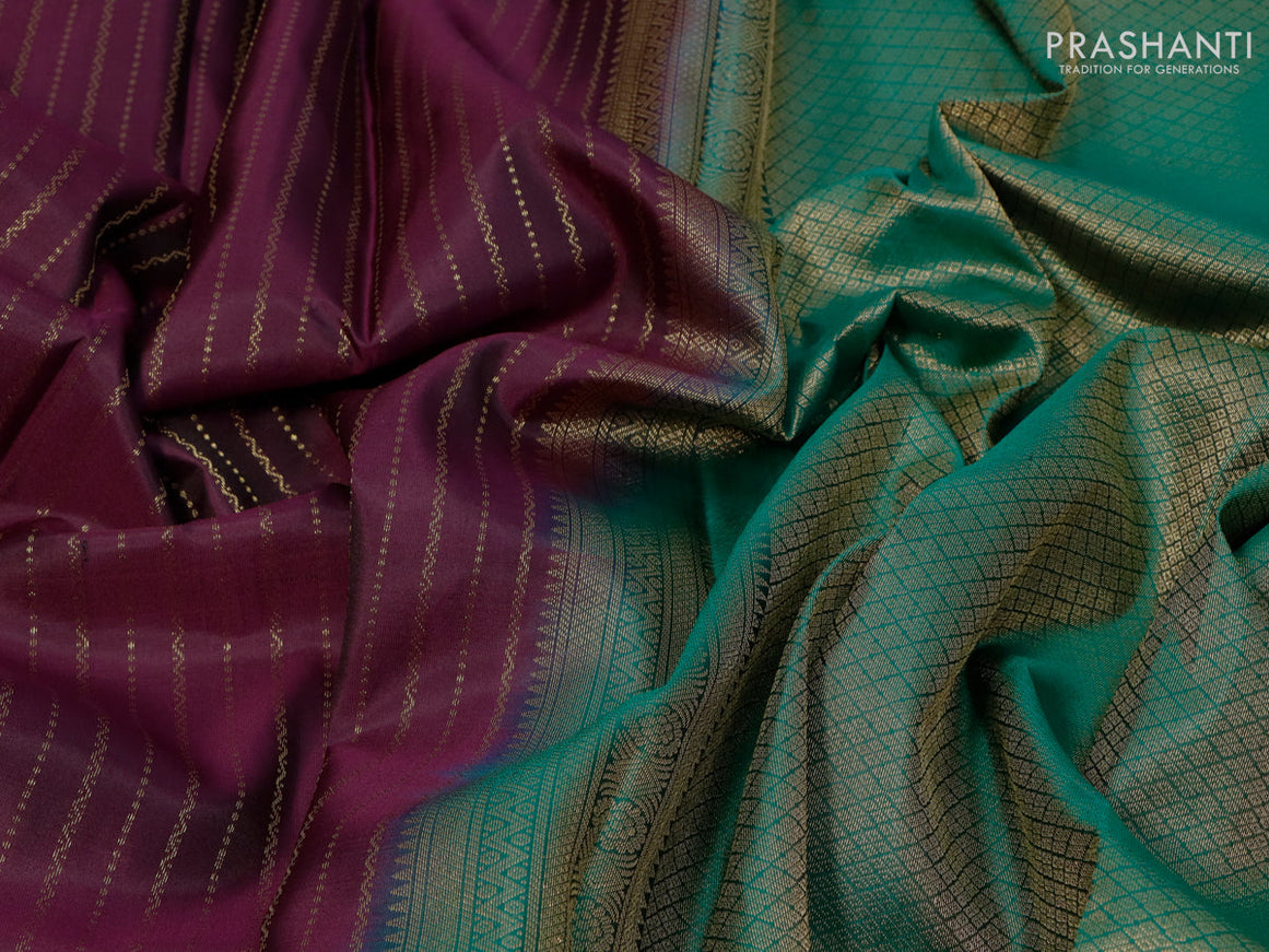 Pure kanjivaram silk saree deep purple and green with allover zari weaves and zari woven butta border