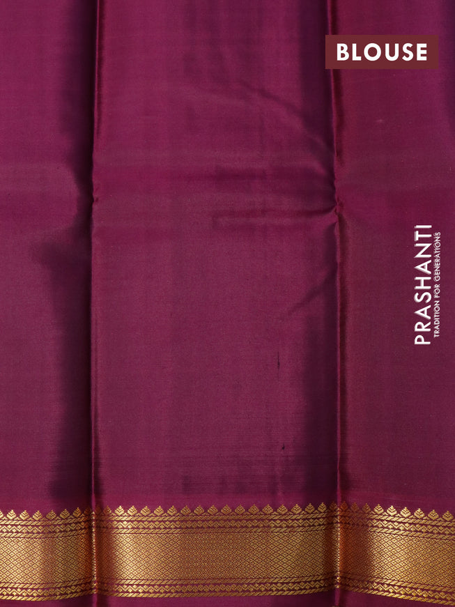 Pure kanjivaram silk saree pastel green and deep purple with zari woven buttas and zari woven korvai border