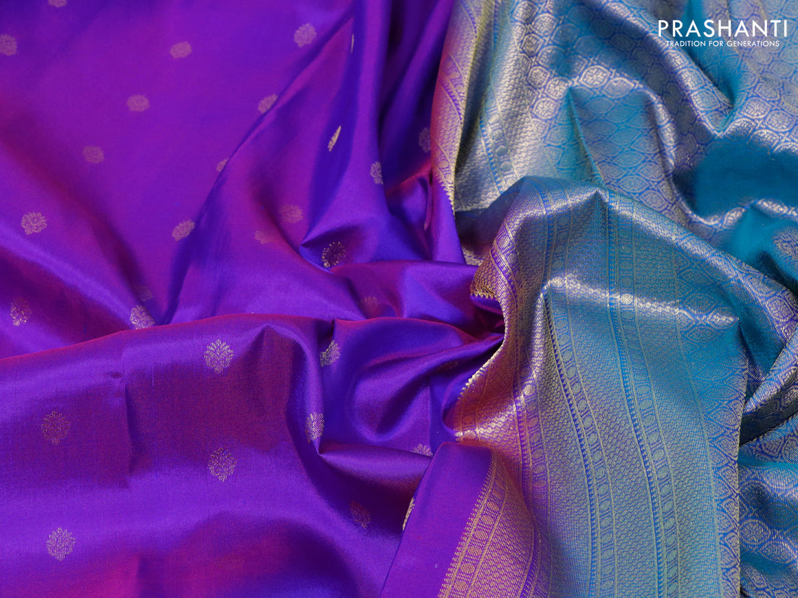 Pure kanjivaram silk saree dual shade of purple and cs blue with zari woven buttas and zari woven border