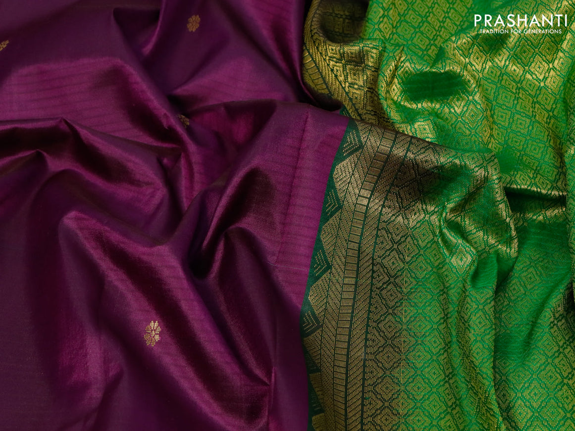 Pure kanjivaram silk saree deep purple and dual shade of green with zari woven buttas and zari woven simple border