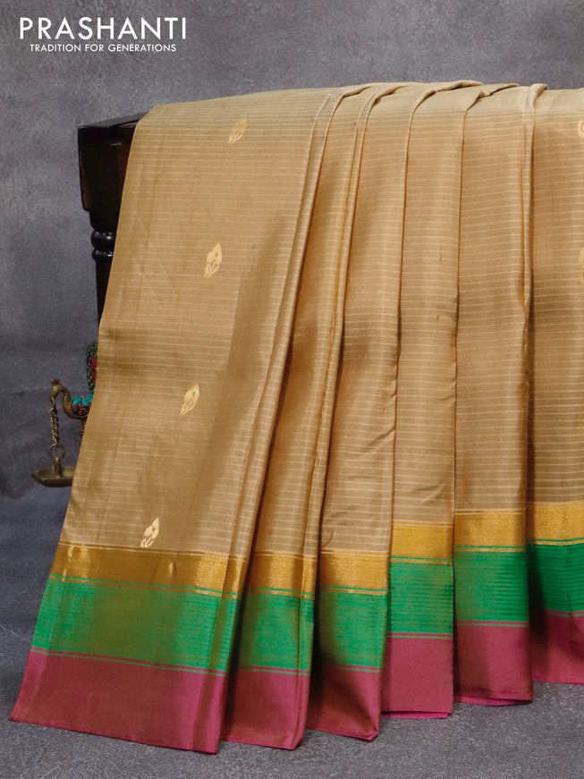 Pure kanjivaram silk saree beige and pink with zari woven buttas and zari woven simple border
