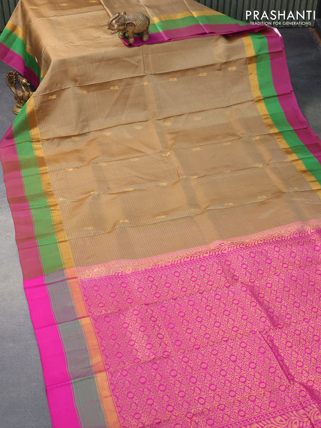 Pure kanjivaram silk saree beige and pink with zari woven buttas and zari woven simple border