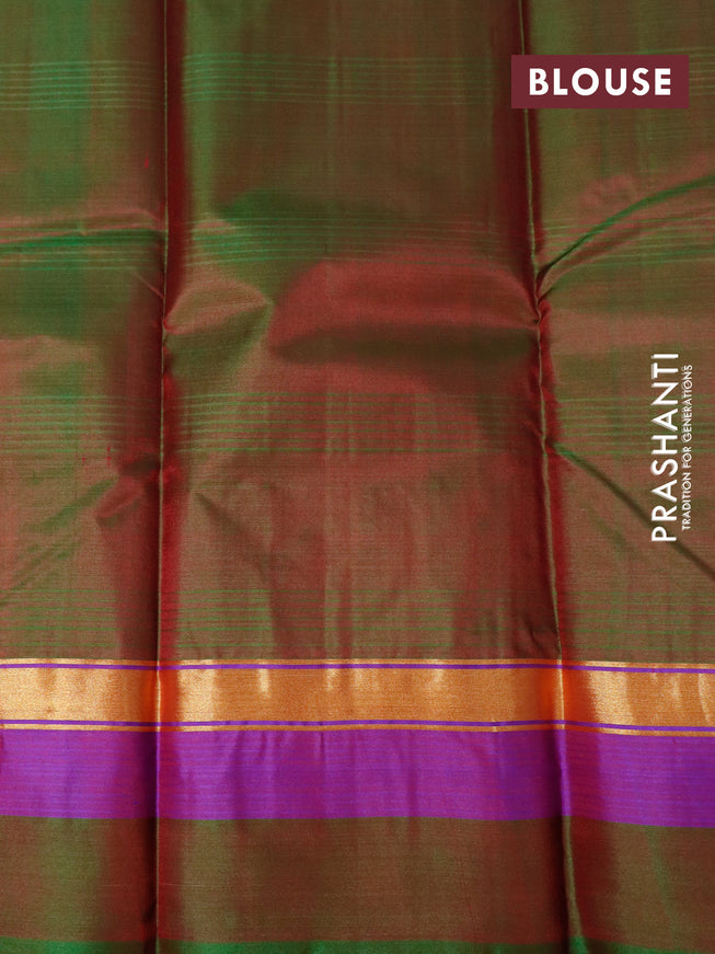 Pure kanjivaram silk saree red and dual shade of maroonish green with plain body and zari woven simple border