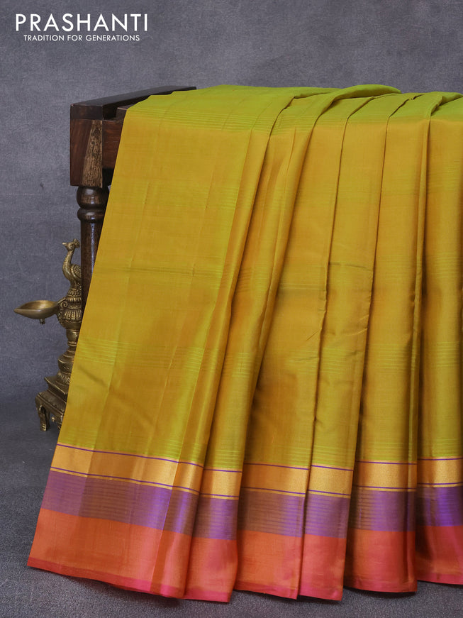 Pure kanjivaram silk saree mustard yellow and dual shade of pinkish orange with plain body and zari woven simple border