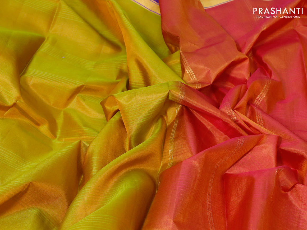 Pure kanjivaram silk saree mustard yellow and dual shade of pinkish orange with plain body and zari woven simple border