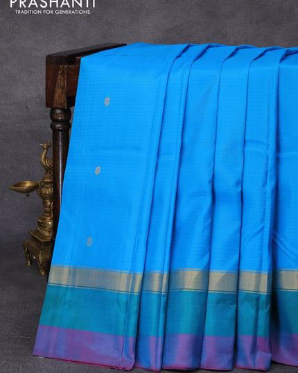 Pure kanjivaram silk saree cs blue and pink with zari woven buttas and zari woven simple border