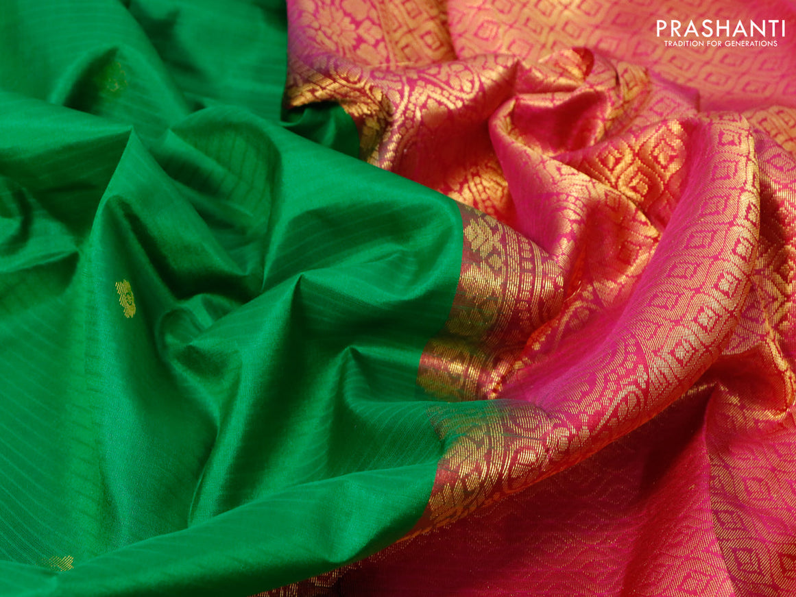 Pure kanjivaram silk saree green and pink with zari woven buttas and zari woven simple border