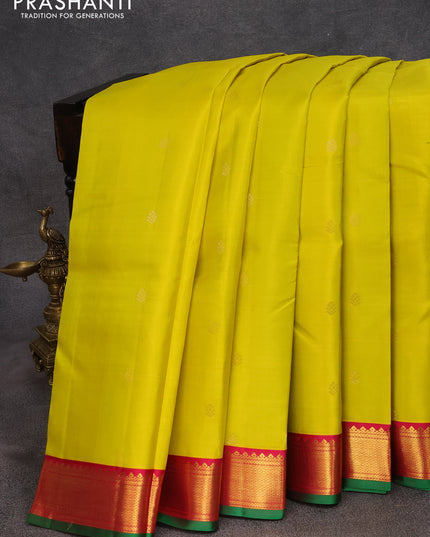 Pure kanjivaram silk saree lime yellow and pink with zari woven buttas and zari woven korvai border