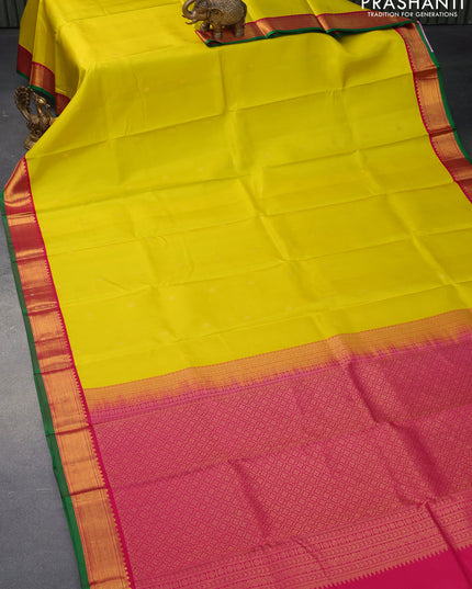 Pure kanjivaram silk saree lime yellow and pink with zari woven buttas and zari woven korvai border