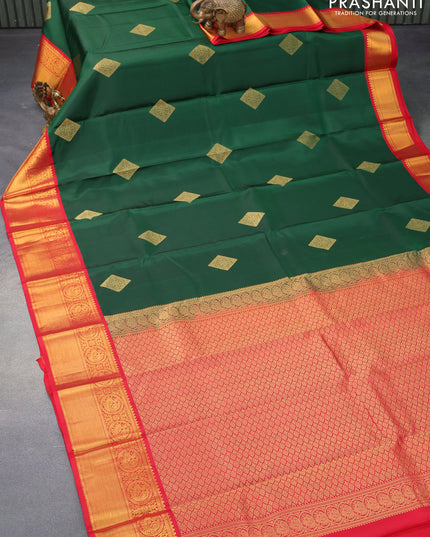 Pure kanjivaram silk saree green and red with zari woven buttas and zari woven korvai border