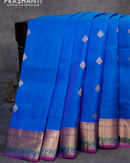 Pure kanjivaram silk saree cs blue and purple with zari woven buttas and zari woven border