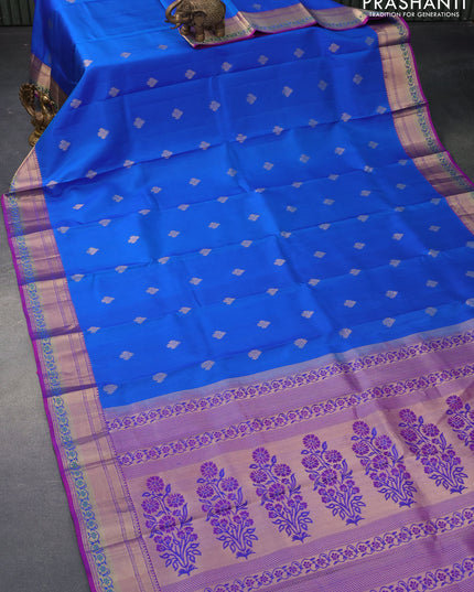 Pure kanjivaram silk saree cs blue and purple with zari woven buttas and zari woven border