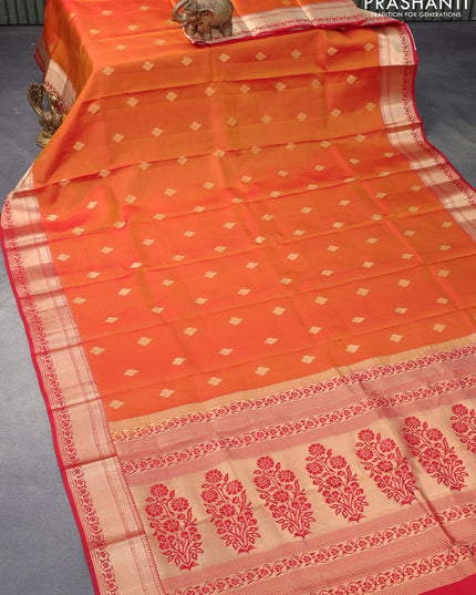 Pure kanjivaram silk saree sunset orange and red with zari woven buttas and zari woven border