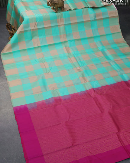 Pure kanjivaram silk saree teal sandal and pink with paalum pazhamum checked pattern in borderless style