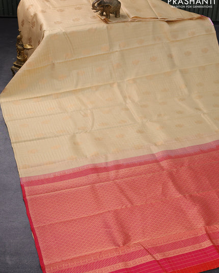 Pure kanjivaram silk saree sandal and dual shade of pinkish orange with allover zari checks & peacock buttas in borderless style