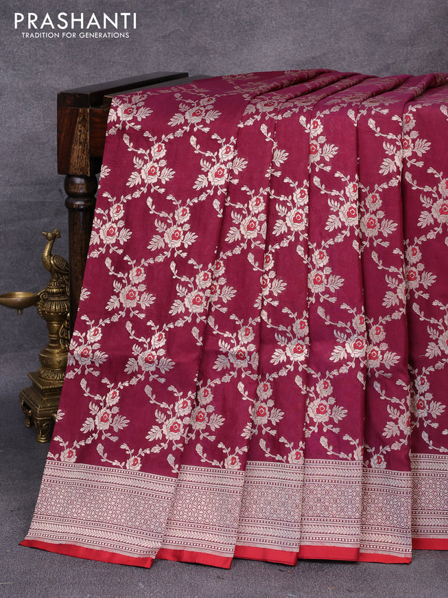 Pure banarasi uppada silk saree deep maroon and red with allover zari woven floral weaves and zari woven border