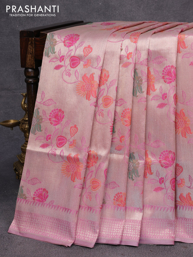 Pure banarasi uppada silk saree pastel pink with allover floral design zari woven paithani weaves and zari woven border