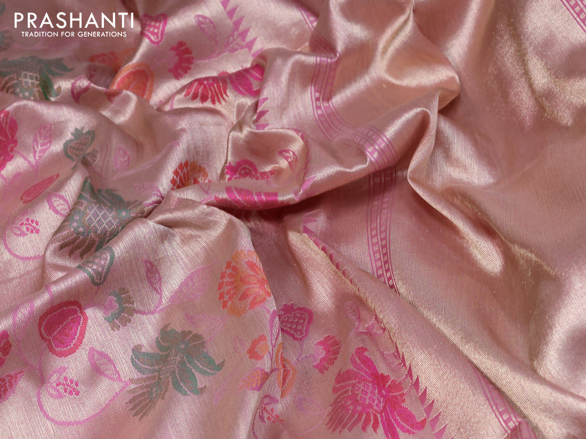 Pure banarasi uppada silk saree pastel pink with allover floral design zari woven paithani weaves and zari woven border