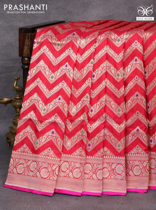 Pure banarasi uppada silk saree red and pink with allover zari woven zig zag weaves and zari woven border