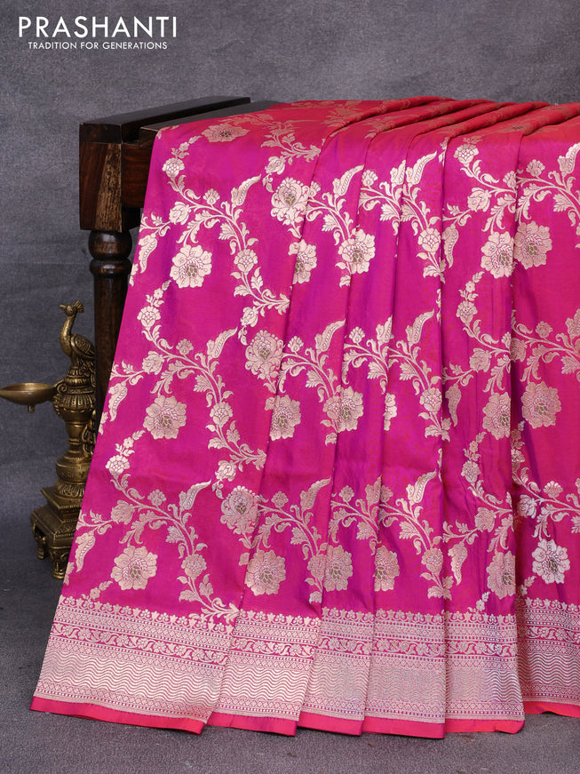 Pure banarasi uppada silk saree dual shade of purple and red with allover zari woven floral weaves and zari woven border