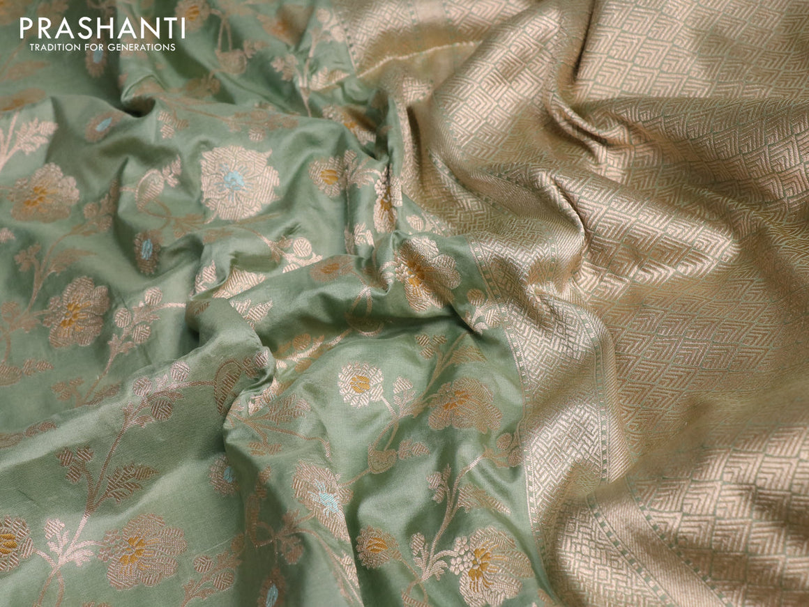Pure banarasi uppada silk saree pastel green and pink with allover zari woven floral weaves and zari woven border