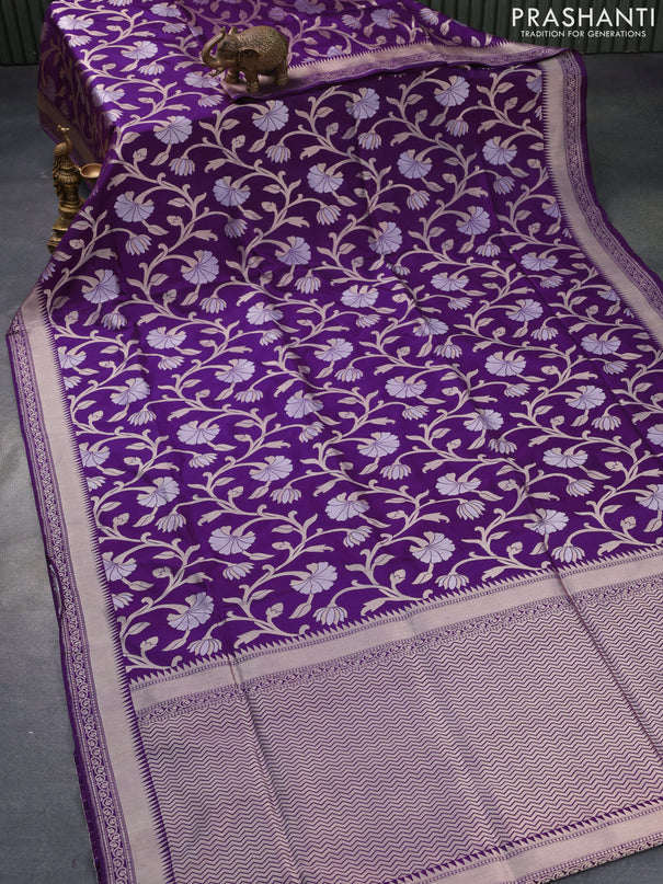 Pure banarasi uppada silk saree violet with allover zari woven floral weaves and zari woven border