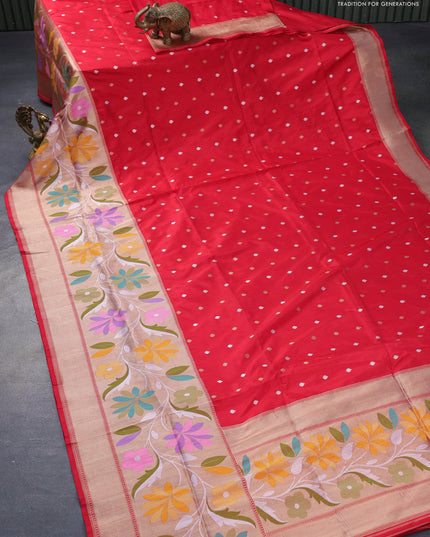 Pure banarasi uppada silk saree red with thread & zari woven buttas and long floral design zari woven border