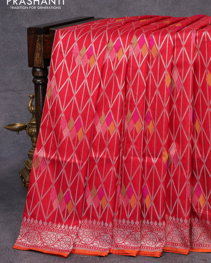 Pure banarasi uppada silk saree red and orange with allover geometric weaves and zari woven border