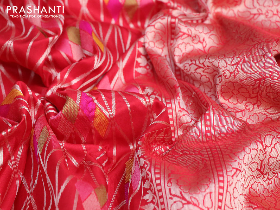 Pure banarasi uppada silk saree red and orange with allover geometric weaves and zari woven border
