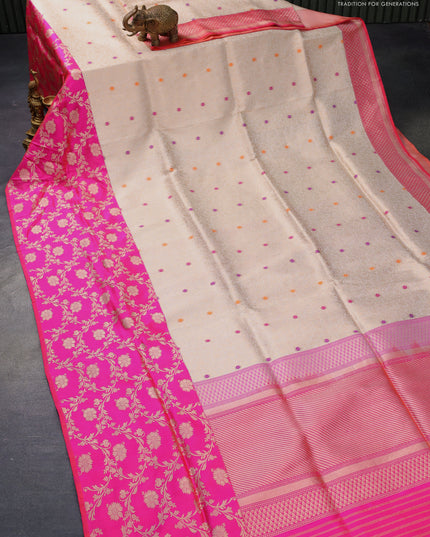 Pure banarasi uppada silk saree cream and candy pink with allover zari woven brocade weaves and long rich zari woven border
